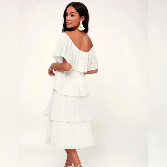 Lulus Gala Ready Off Shoulder Ruffle Midi Dress pleated bridal tiered engagement - Picture 9 of 9
